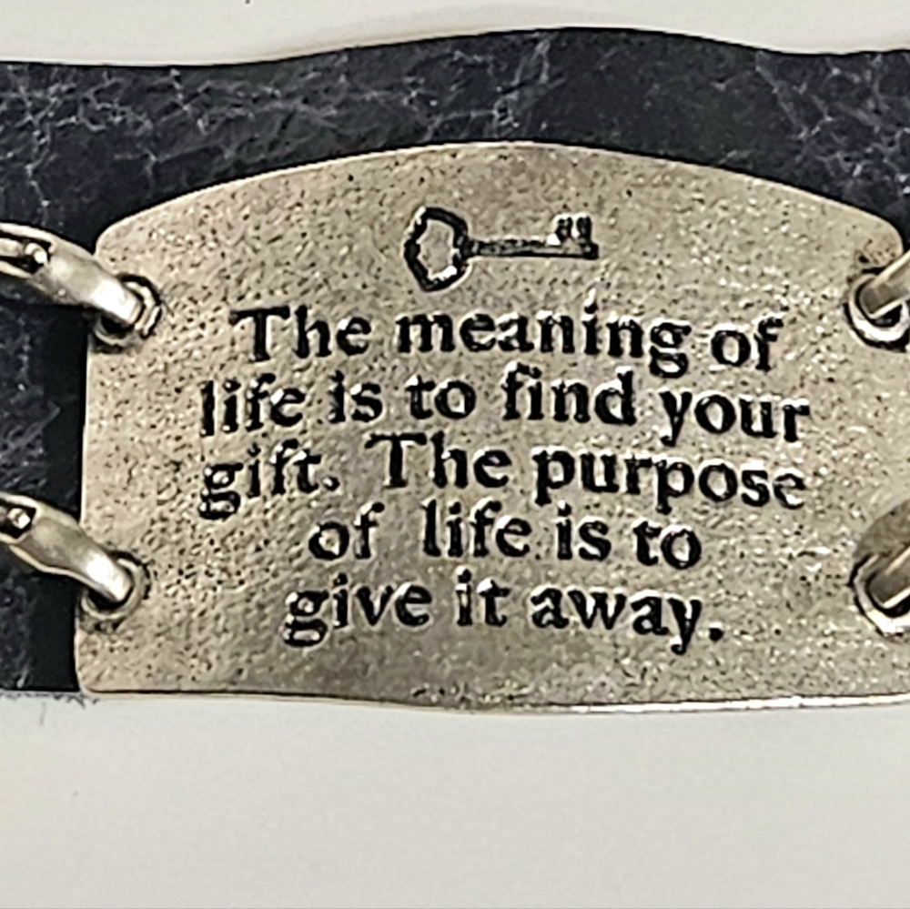 NWT - Black Leather Bracelet with Inspirational MEANING OF LIFE Quote